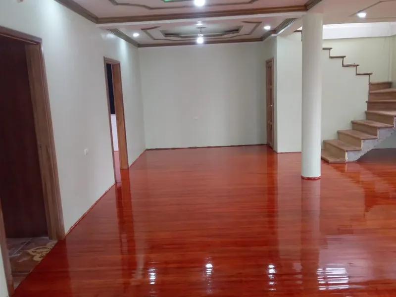 Hardwood floors, staircase and tray ceiling